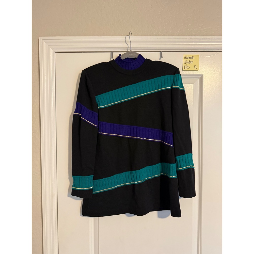 St. John Collection Marie Gray Black Teal Purple Beaded Knit Sweater Mock Neck P